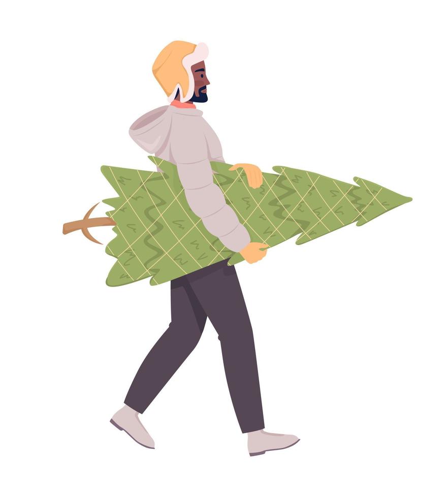 homem adulto caminhando para casa com personagem de vetor de cor semiplana de árvore de natal real. figura editável. pessoa de corpo inteiro em branco. ilustração simples de estilo cartoon para web design gráfico e animação