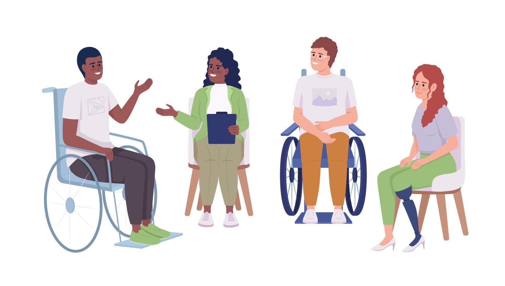 terapia de grupo para pacientes com deficiência personagens vetoriais de cor semiplana. figuras editáveis. pessoas de corpo inteiro em branco. ilustrações simples de estilo cartoon para web design gráfico e animação vetor