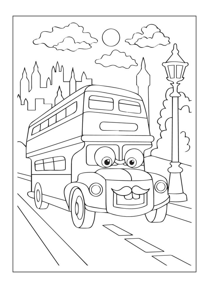 desenho de ônibus feliz com natureza e cidade para colorir para crianças vetor