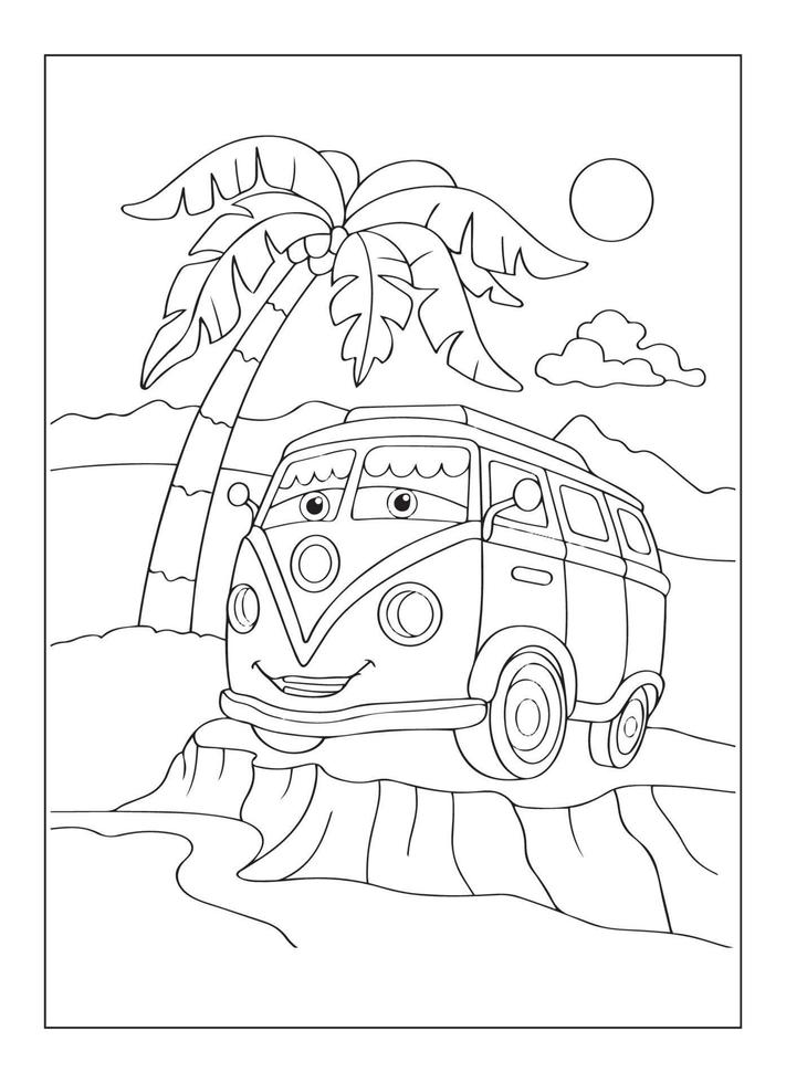 desenho de ônibus feliz com natureza e cidade para colorir para crianças vetor