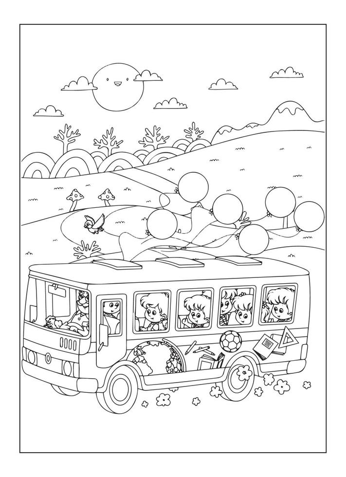 desenho de ônibus feliz com natureza e cidade para colorir para crianças vetor