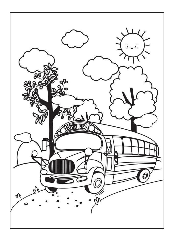 desenho de ônibus feliz com natureza e cidade para colorir para crianças vetor