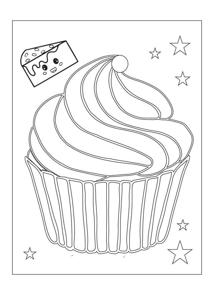 lindo desenho de cupcake kawaii para colorir para crianças vetor