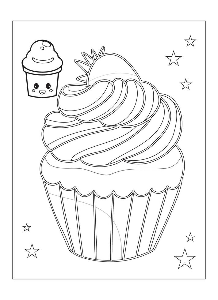 lindo desenho de cupcake kawaii para colorir para crianças vetor