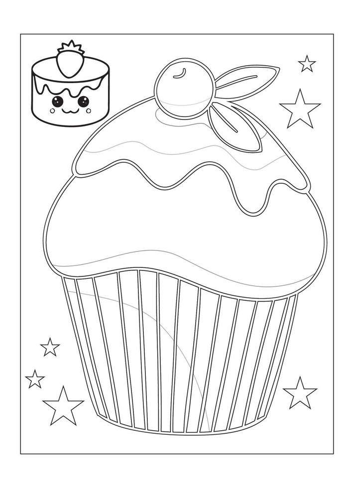 lindo desenho de cupcake kawaii para colorir para crianças vetor