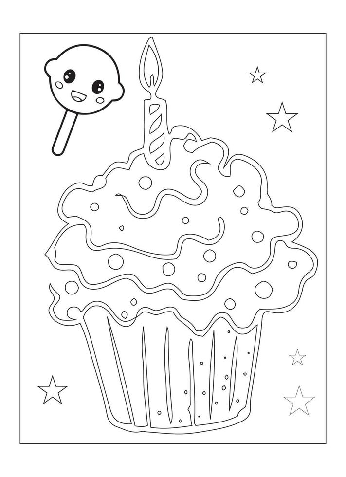 lindo desenho de cupcake kawaii para colorir para crianças vetor