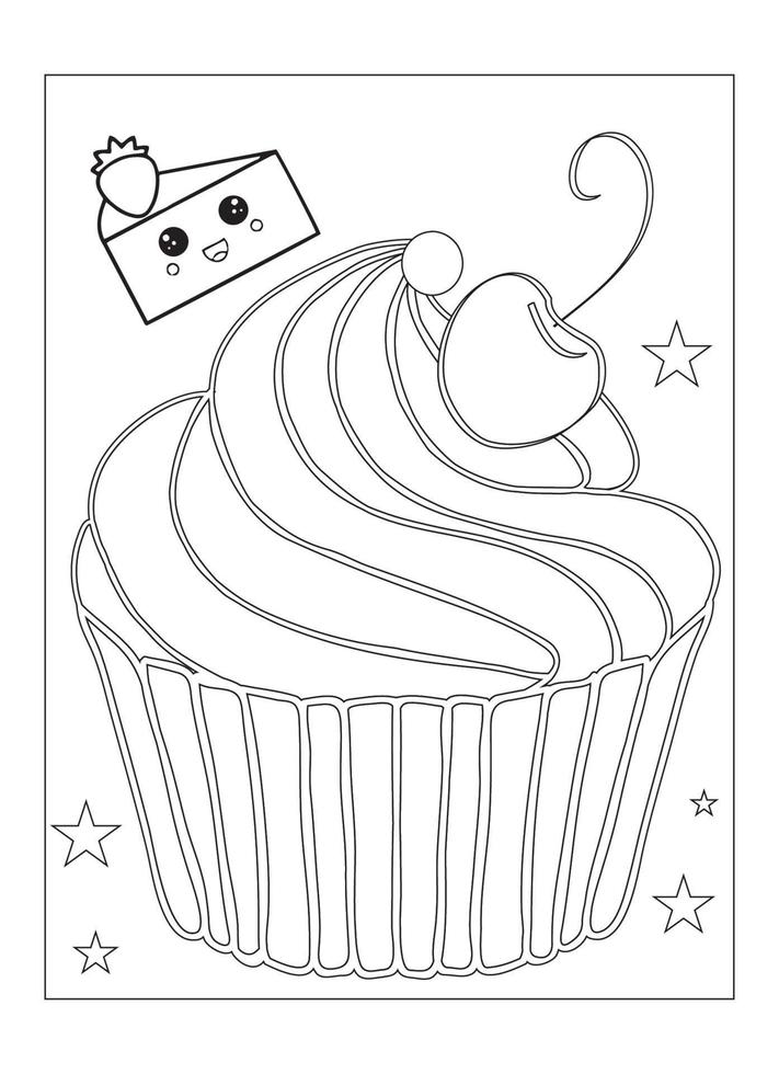 lindo desenho de cupcake kawaii para colorir para crianças vetor