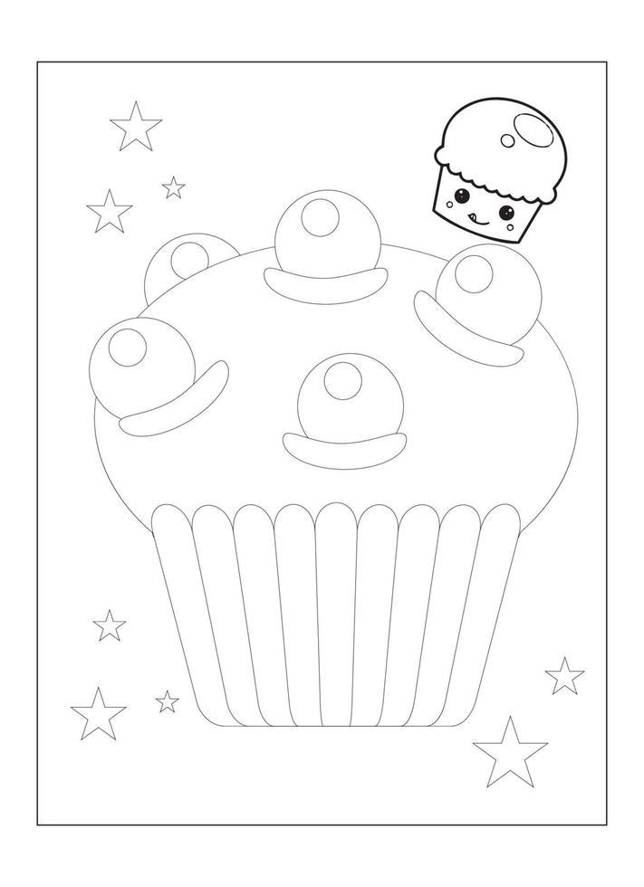 lindo desenho de cupcake kawaii para colorir para crianças vetor