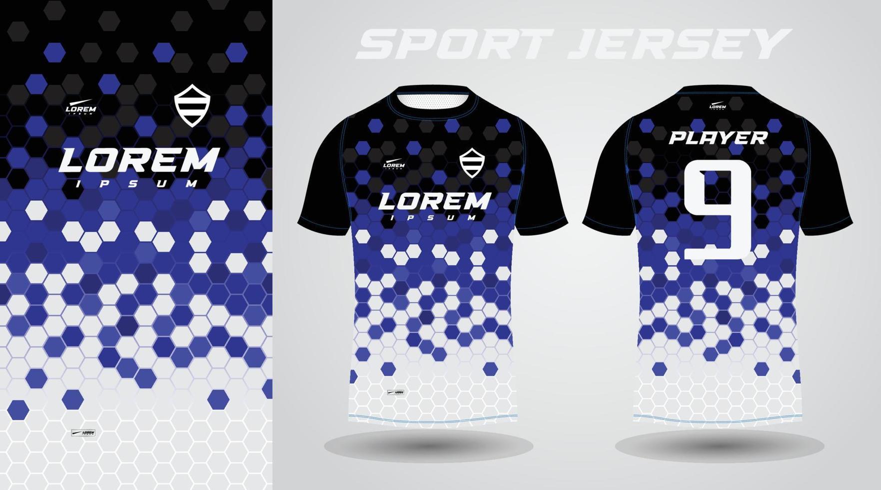 design de camisa esportiva de camiseta azul preta vetor