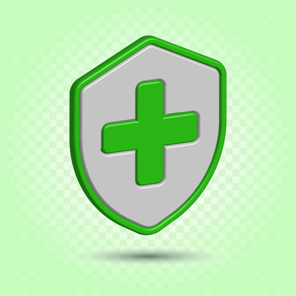 escudo verde realista médico, escudo do sistema imunológico. proteção contra vírus de ícone de seguro de saúde. vetor