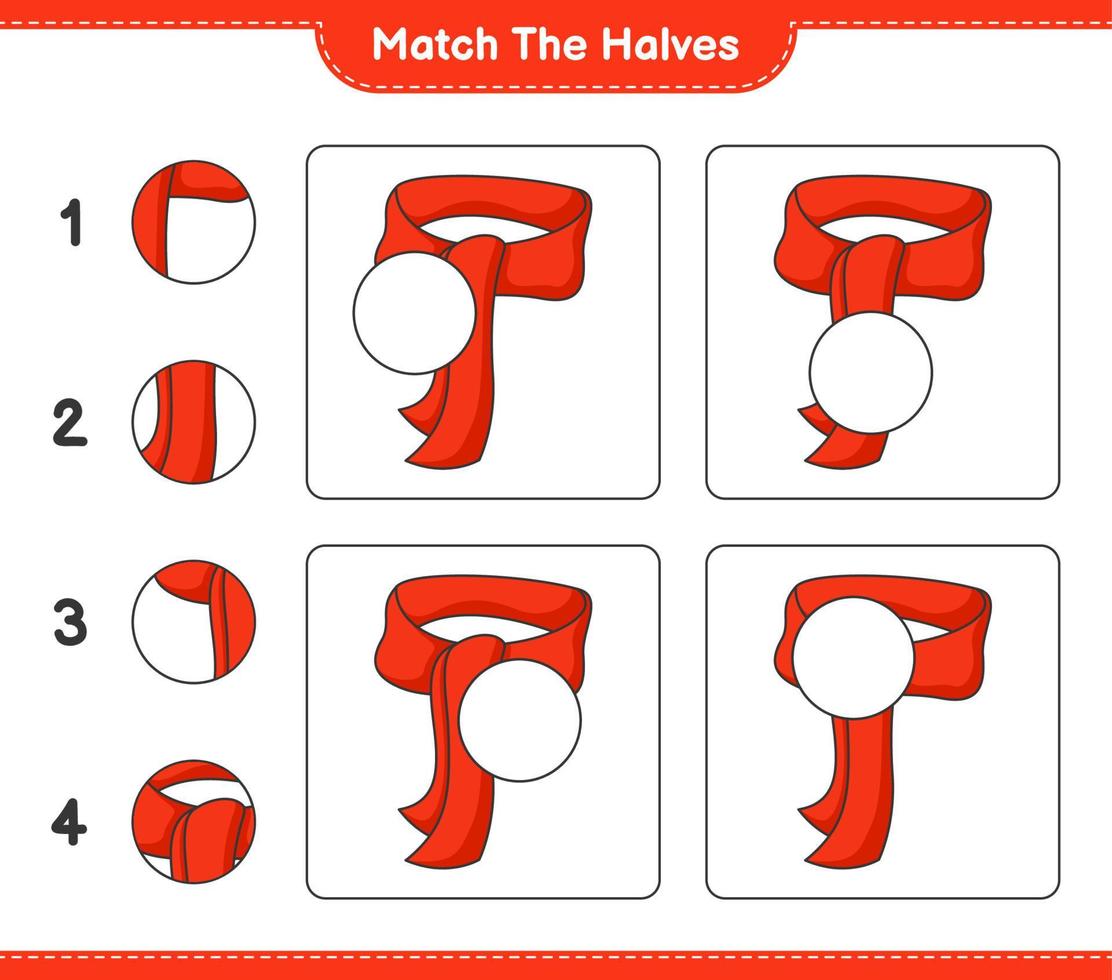 combine as metades. combine as metades do cachecol. jogo educacional para crianças, planilha para impressão, ilustração vetorial vetor