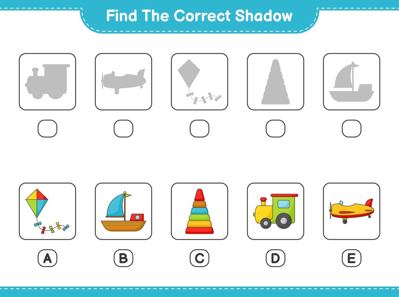 encontre a sombra correta. encontre e combine a sombra correta do brinquedo da pirâmide, trem, pipa, avião e barco. jogo educacional para crianças, planilha para impressão, ilustração vetorial vetor