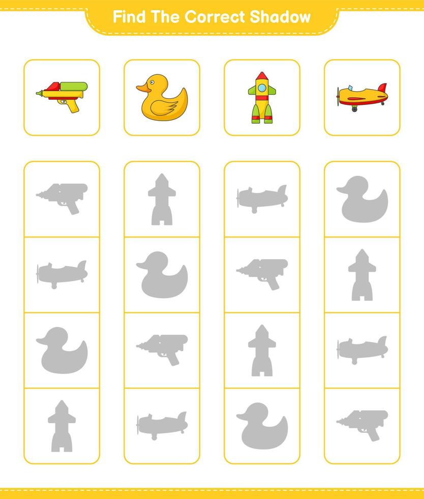 encontre a sombra correta. encontre e combine a sombra correta do avião, foguete, pato de borracha e pistola de água. jogo educacional para crianças, planilha para impressão, ilustração vetorial vetor