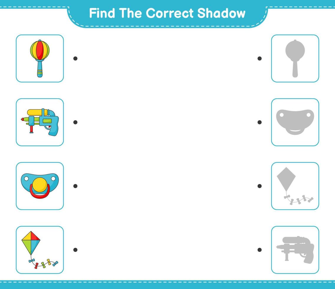 encontre a sombra correta. encontre e combine a sombra correta de pipa, pistola de água, chocalho de bebê e chupeta. jogo educacional para crianças, planilha para impressão, ilustração vetorial vetor