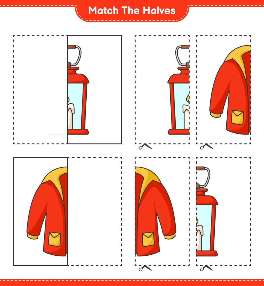 combine as metades. combine metades de lanterna e roupas quentes. jogo educacional para crianças, planilha para impressão, ilustração vetorial vetor