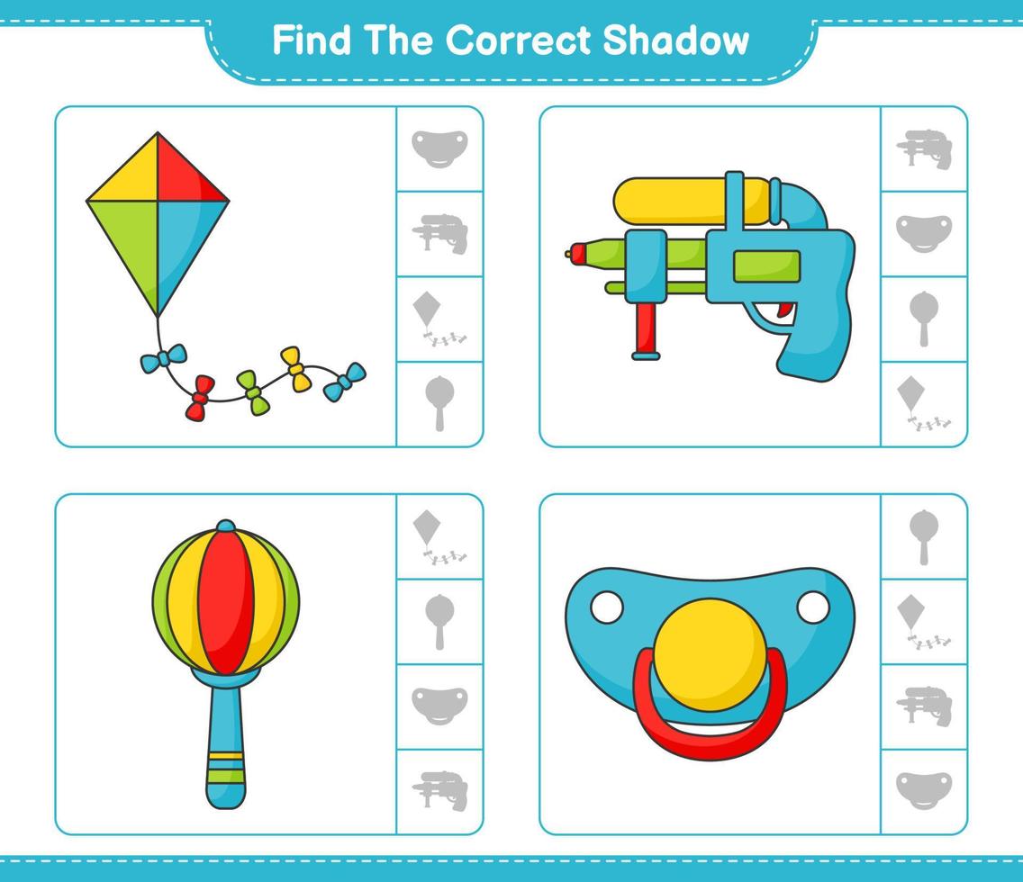encontre a sombra correta. encontre e combine a sombra correta de pipa, pistola de água, chocalho de bebê e chupeta. jogo educacional para crianças, planilha para impressão, ilustração vetorial vetor