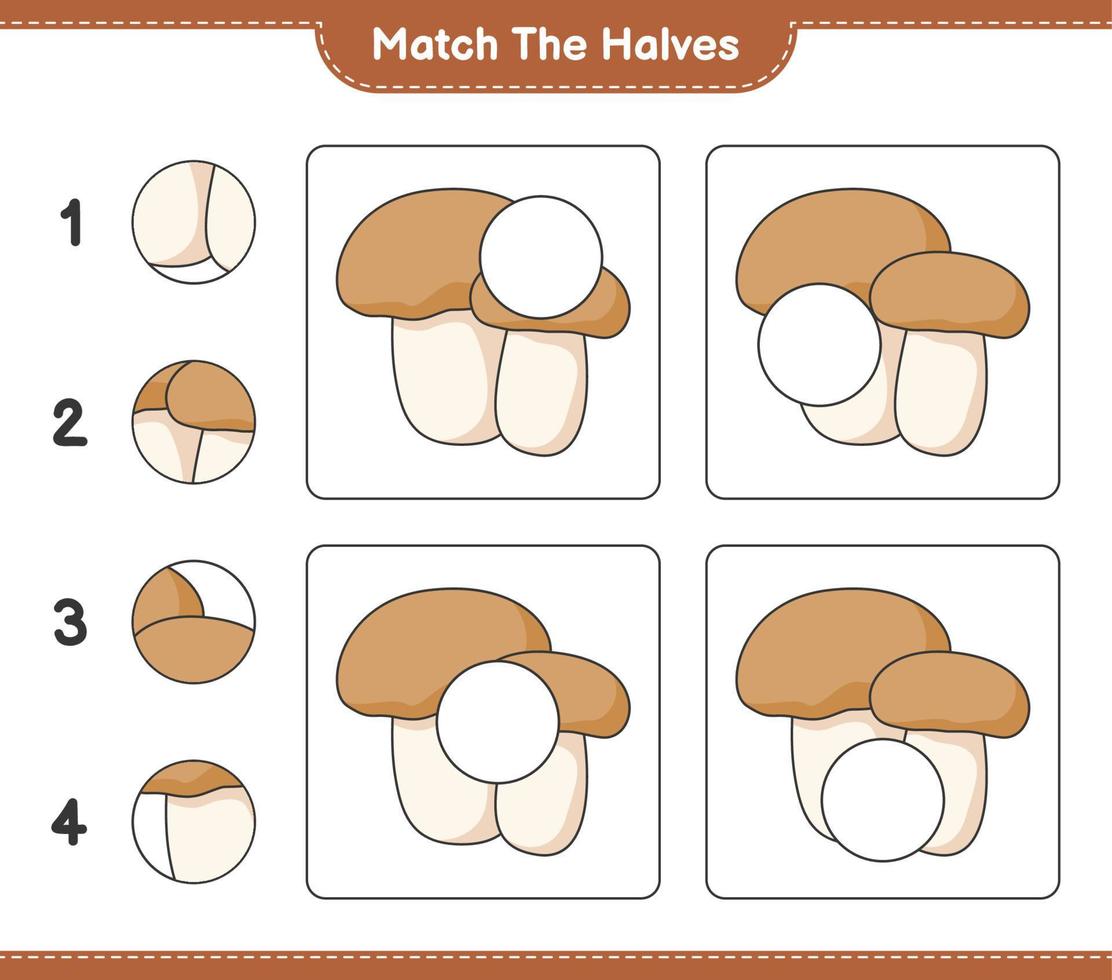 combine as metades. combine as metades do boleto do cogumelo. jogo educacional para crianças, planilha para impressão, ilustração vetorial vetor