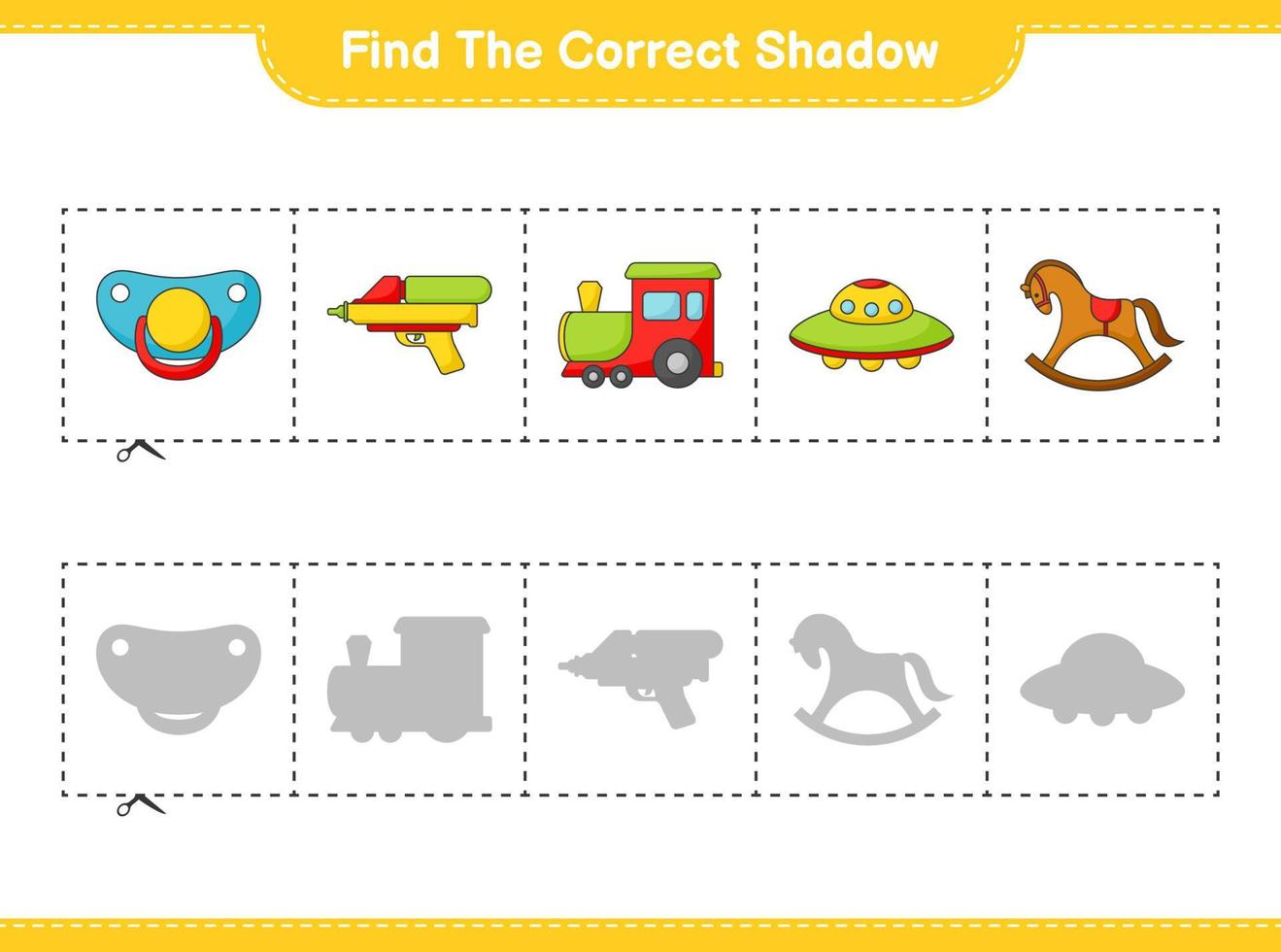 encontre a sombra correta. encontre e combine a sombra correta do trem, ufo, chupeta, pistola d'água e cavalo de balanço. jogo educacional para crianças, planilha para impressão, ilustração vetorial vetor