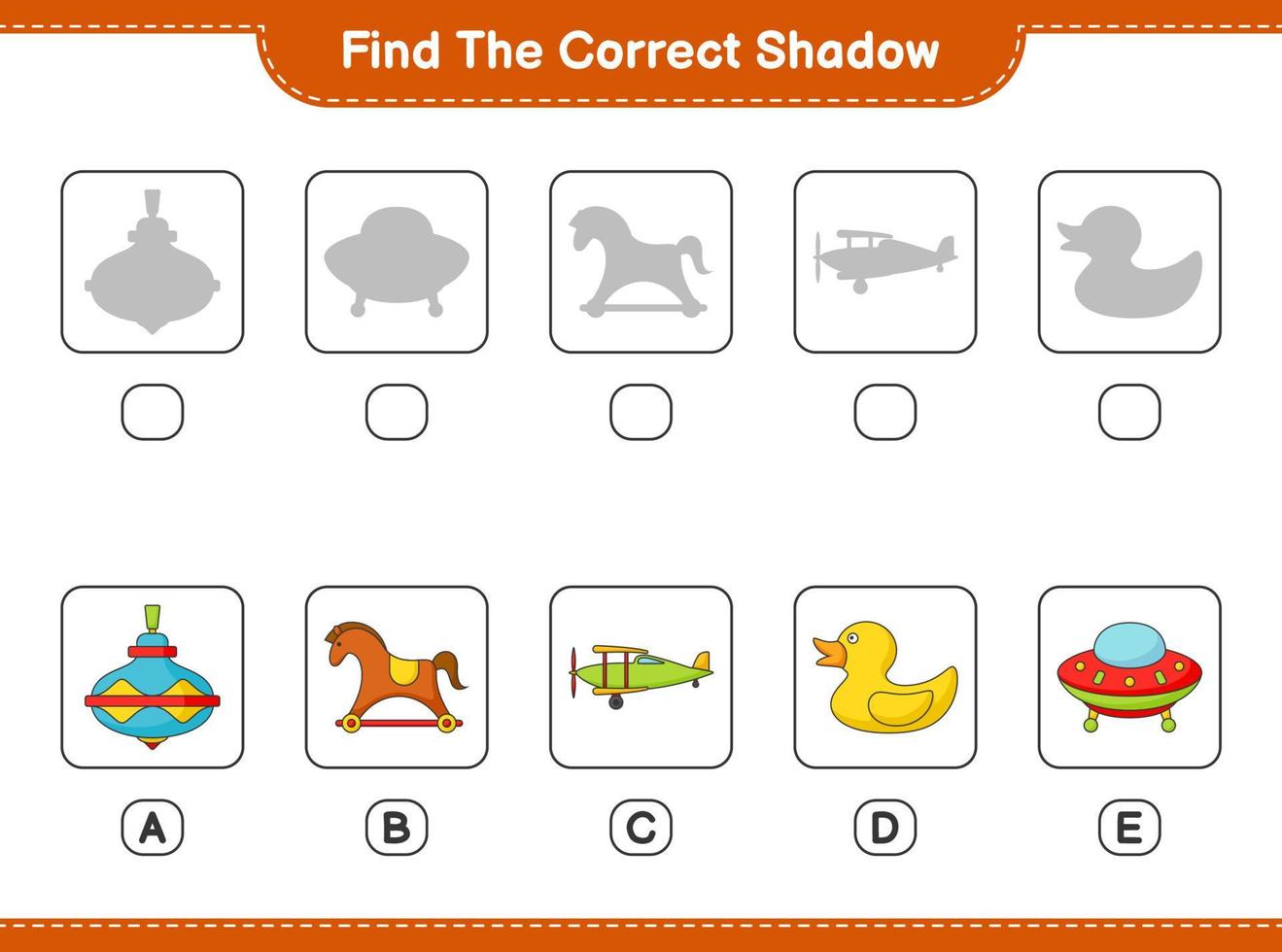 encontre a sombra correta. encontre e combine a sombra correta de ufo, avião, brinquedo giratório, pato de borracha e cavalo de balanço. jogo educacional para crianças, planilha para impressão, ilustração vetorial vetor