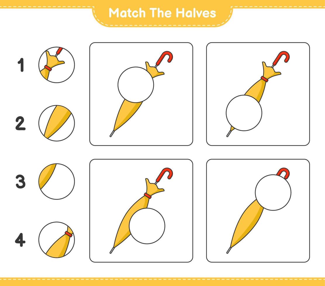 combine as metades. combine as metades do guarda-chuva. jogo educacional para crianças, planilha para impressão, ilustração vetorial vetor