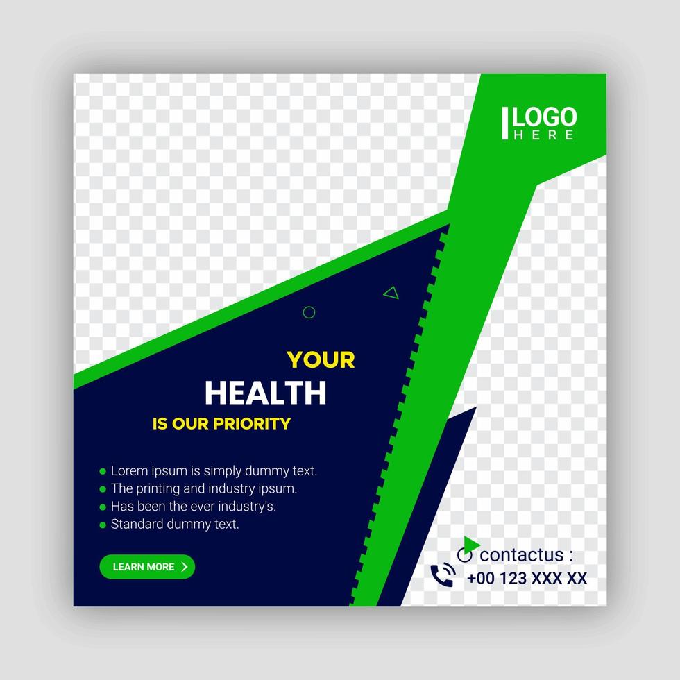 modelo de postagem de mídia social médica. anúncios de banner da web de saúde, cor verde e azul. ofertas especiais, vendas, descontos e banners de mídia social para promoção da clínica. vetor