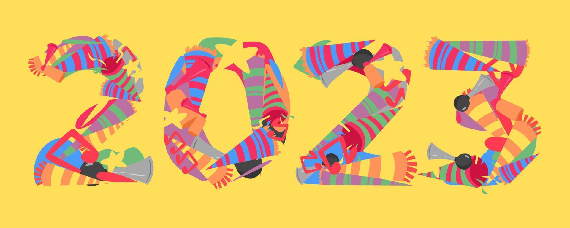 A tipografia da fonte 2023 é feita a partir de conjunto de ícones de trompete, buzina, etc. colagem de doodle. fundo amarelo isolado. conceito de ano novo para modelo, cartão de saudação, impressão, adesivo, banner, etc. estilo de vetor plano