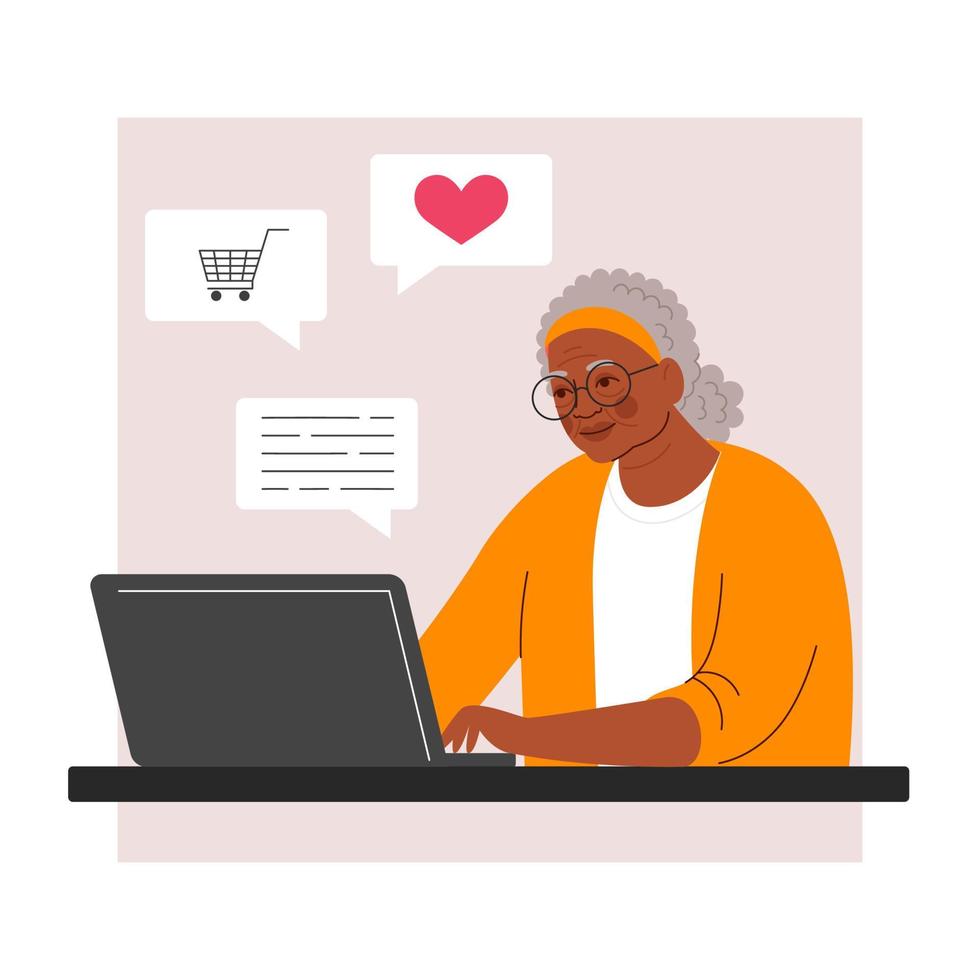 feliz avó negra arican com laptop. idosos, comunicação online, compras. ilustração vetorial com personagem vetor