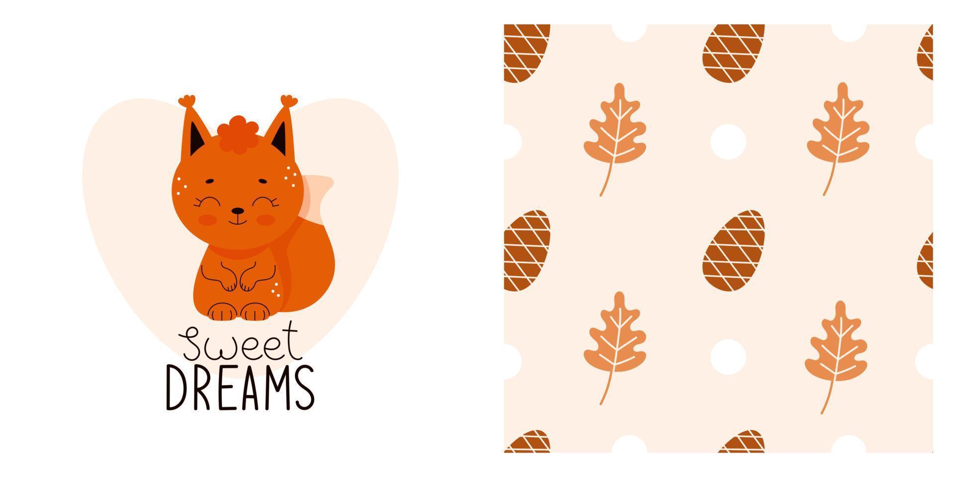 estampa de bebê fofo para pijama ou roupa de cama. animais da floresta para impressão em tecido. letras para crianças, bons sonhos. adorável esquilo. ilustração vetorial vetor