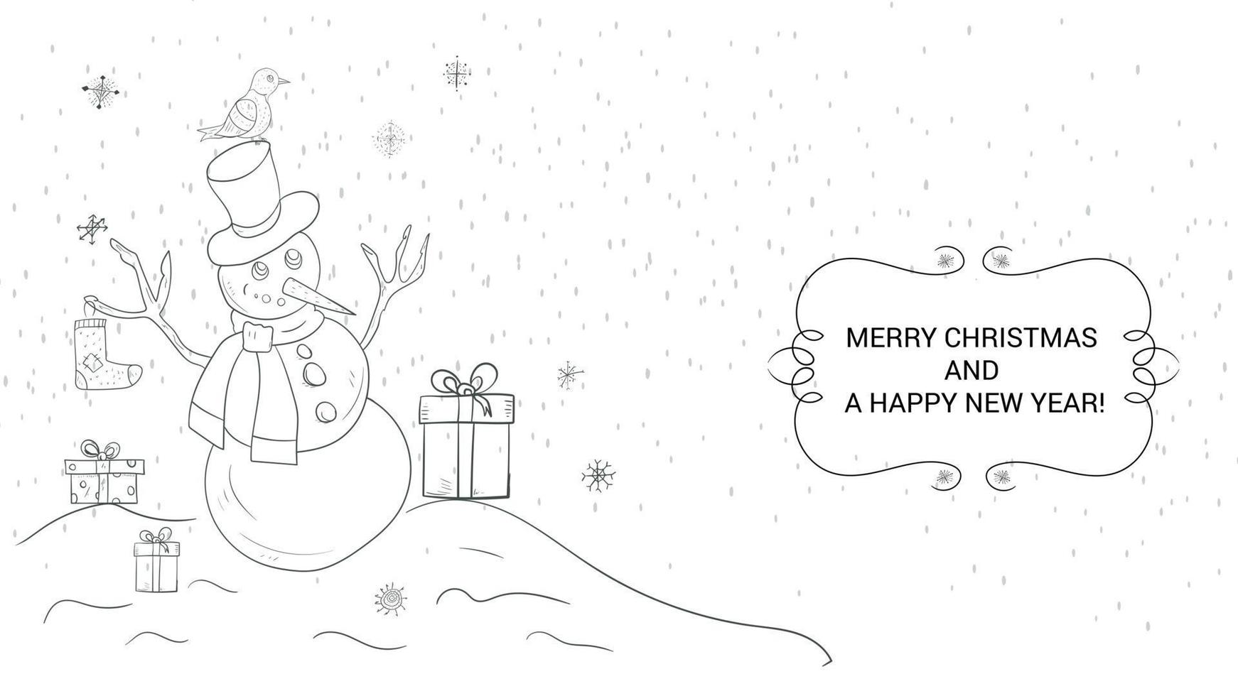 banner para o design de ilustração de contorno de design de natal e ano novo boneco de neve fica nas caixas de neve com presentes vetor