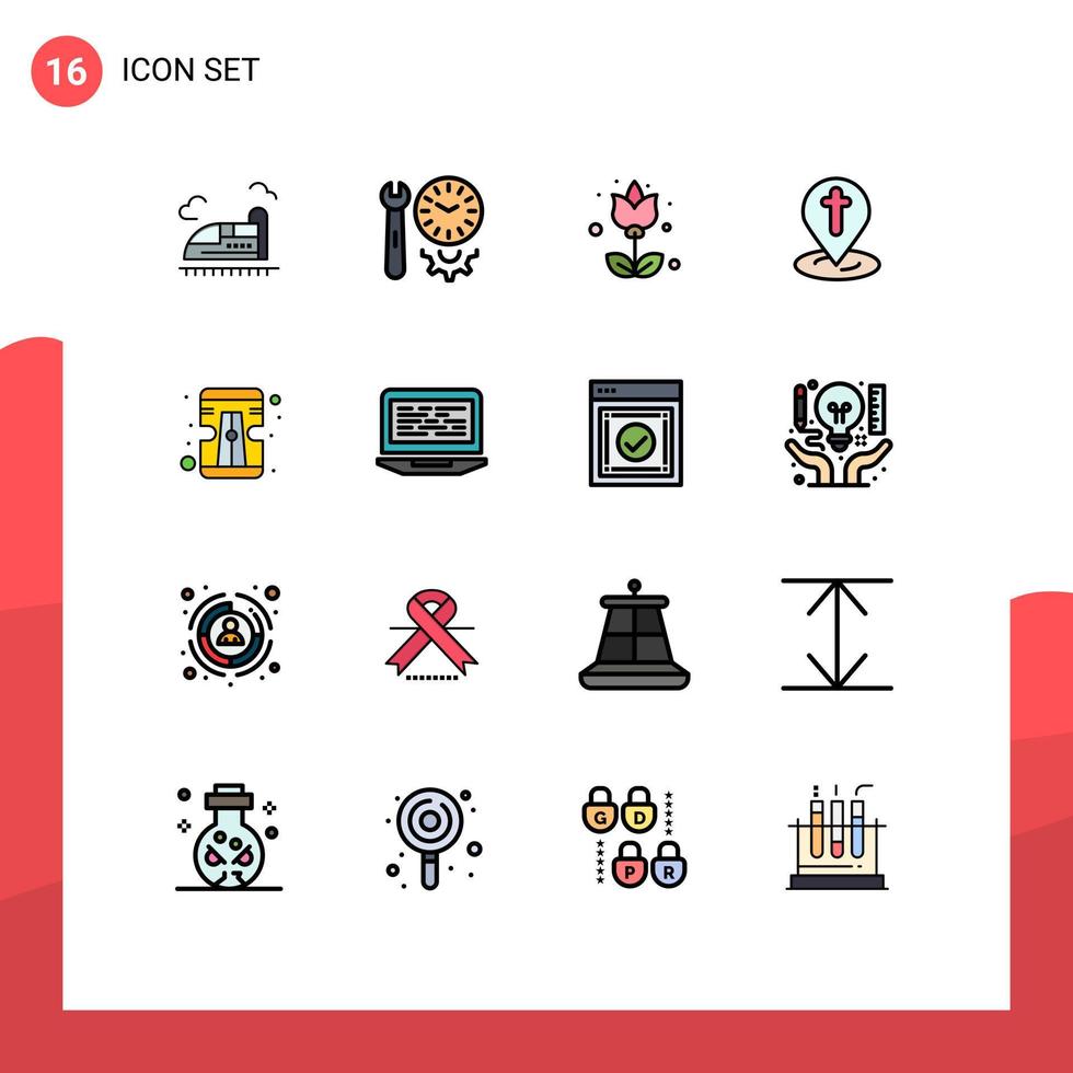 16 conceito de linha cheia de cores planas para sites móveis e aplicativos lápis páscoa ferramentas mapa flor elementos de design de vetores criativos editáveis