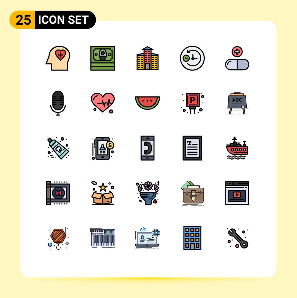 conjunto de cores planas de linha cheia de interface móvel de 25 pictogramas de pílulas de construção de sinal de microfone elementos de design de vetores editáveis de drogas