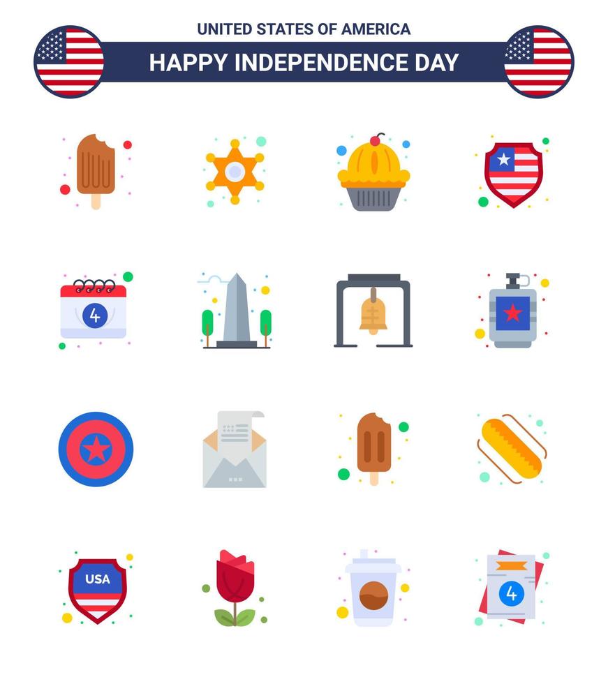 4 de julho eua feliz dia da independência ícone símbolos grupo de 16 apartamentos modernos de data americano escudo americano americano editável dia eua vetor elementos de design