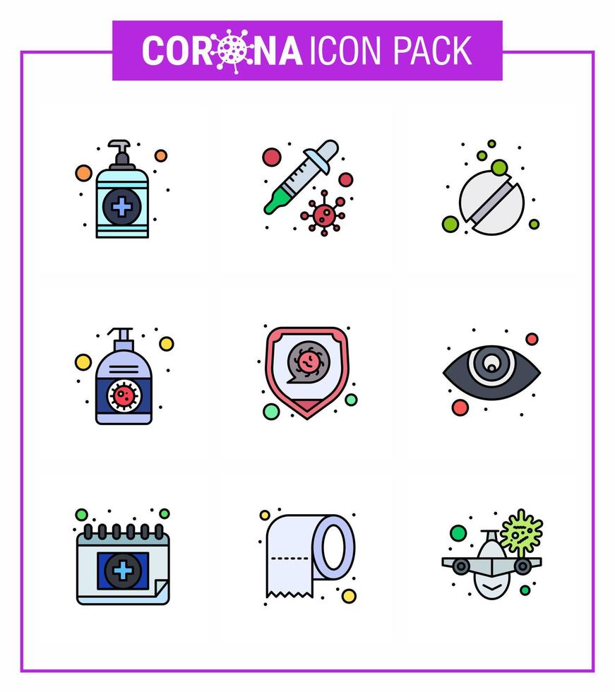 proteção covid19 coronavírus pendâmico 9 linha cheia conjunto de ícones de cores planas como doença mão remédio corona loção coronavírus viral 2019nov elementos de design de vetor de doença