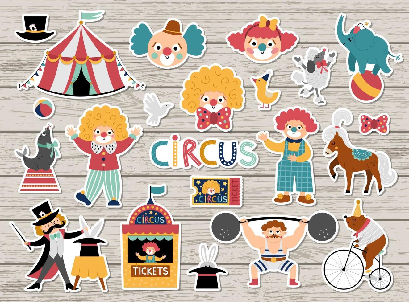 coleção de adesivos de circo. grande pacote de adesivos vetoriais com artistas de shows de rua, palhaços, marquise, animais. pacote de patches de festival ou carnaval. ícones de férias para crianças com urso na bicicleta, ilusionista vetor