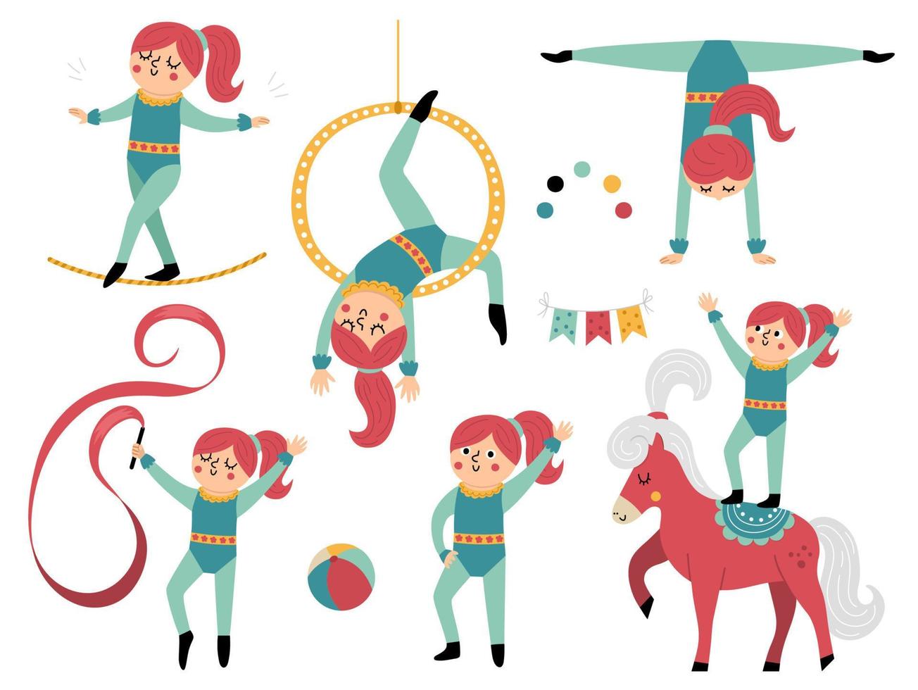 vetor definido com meninas ginasta com aro, cavalo, fita. acrobata engraçado bonito. clipart de artista de circo ou esporte. pacote de ícones de férias de diversão. clipart de personagens do festival. ilustração de equilibrista