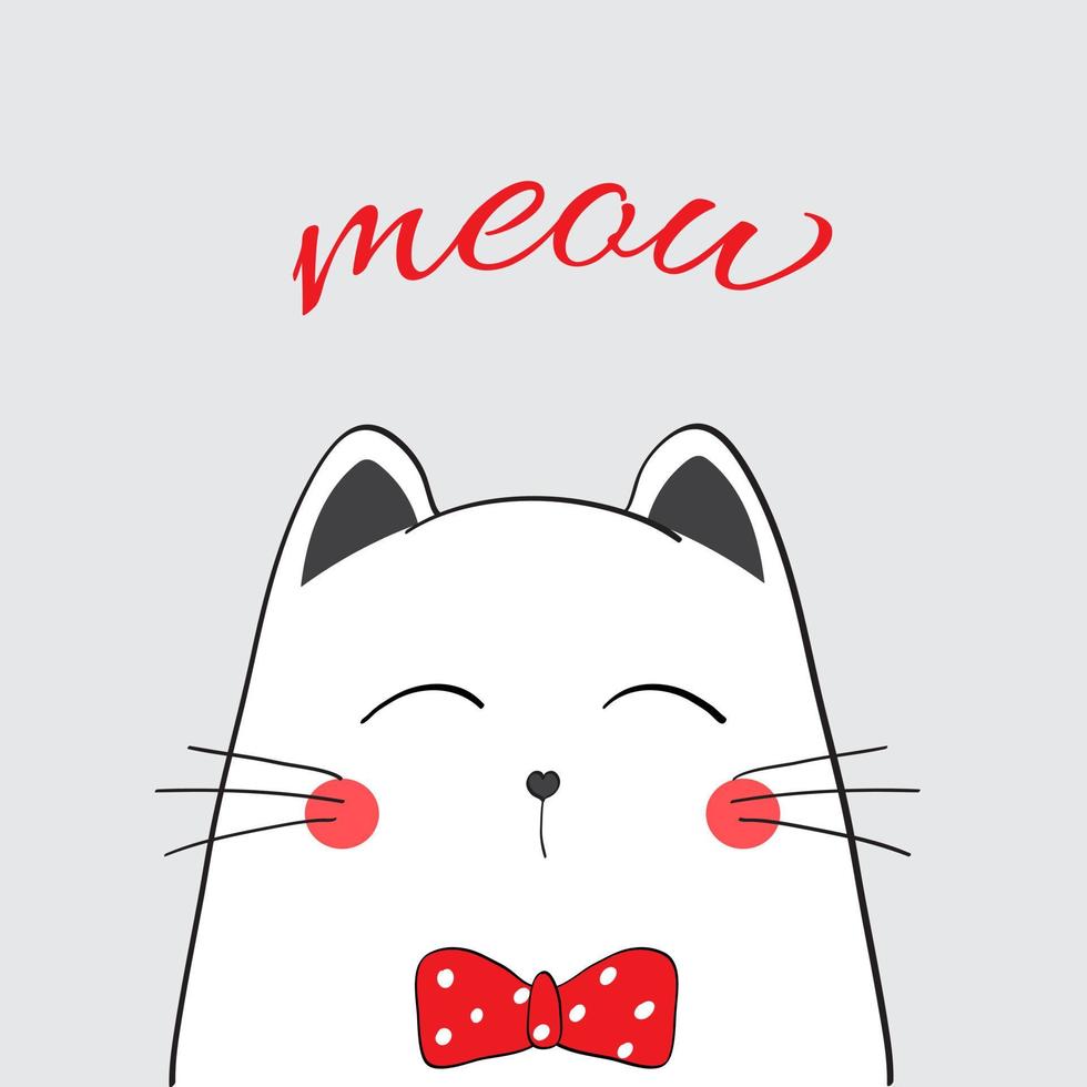 ilustração vetorial de gato branco simples com espiada de laço vermelho ao virar da esquina, cartão bonito dos desenhos animados para seu projeto com gatinho e letras miau isolado no fundo cinza vazio vetor