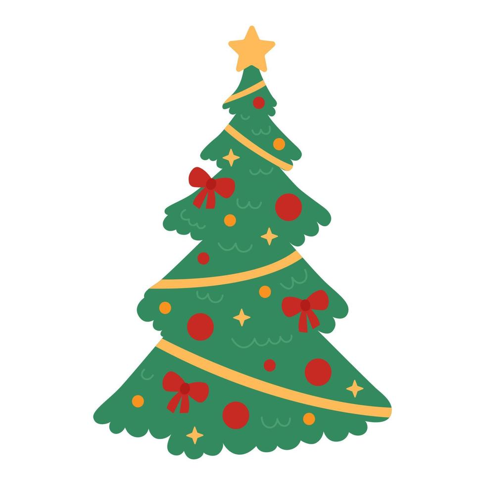árvore de natal decorada com enfeites, bolas, arcos, fita e uma estrela no topo isolada no fundo branco. ilustração vetorial plana para o ano novo vetor