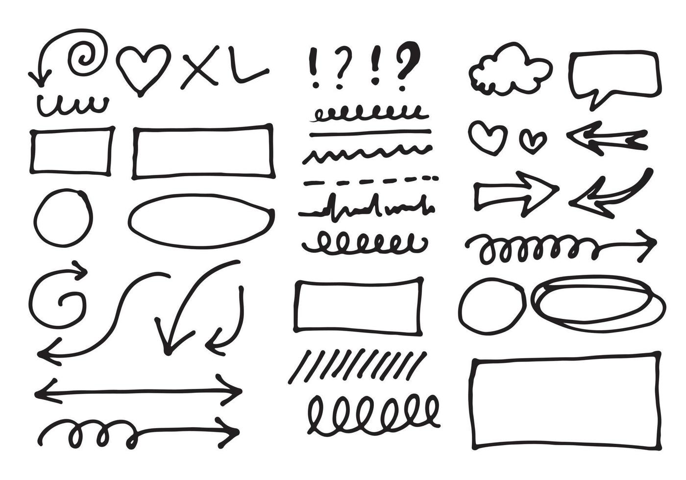 doodle linhas vetoriais e sinais de seleção e setas de curves.hand desenhados. conjunto de linhas de doodle simples, curvas, molduras e manchas. coleção de efeitos de lápis. borda de rabiscos. conjunto de doodle simples. vetor