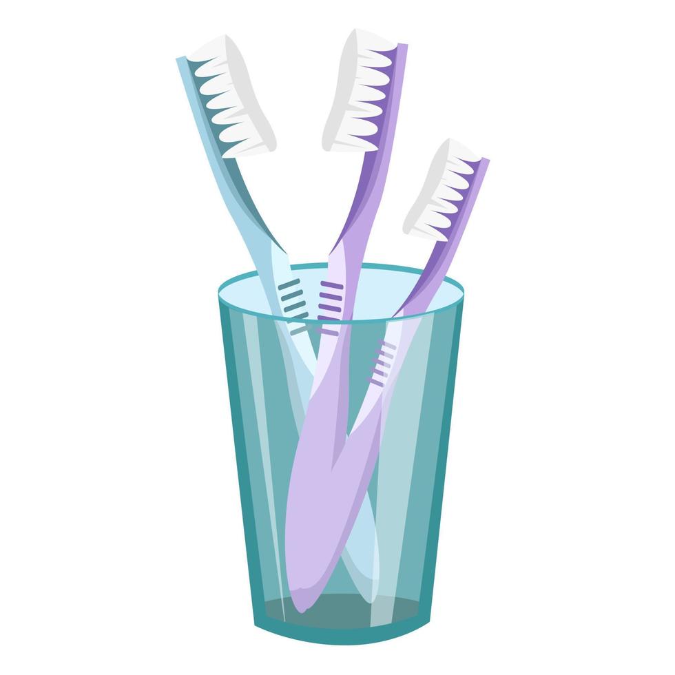 conjunto de ícones de escova de dentes e xícara família rosa azul verde laranja em um copo de vidro. ilustração vetorial em estilo simples em isolado de fundo branco. vetor
