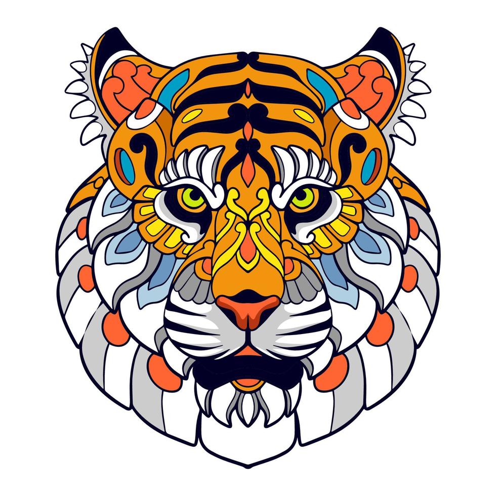 artes coloridas da mandala da cabeça do tigre isoladas no fundo branco vetor