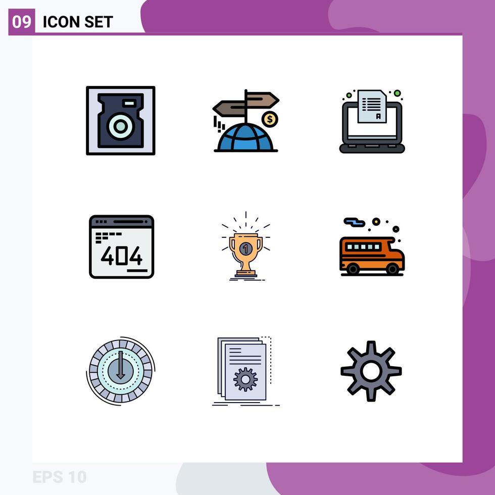 pacote de interface do usuário de 9 cores planas básicas de linhas preenchidas de erro de laptop web prêmio desenvolver elementos de design de vetores editáveis