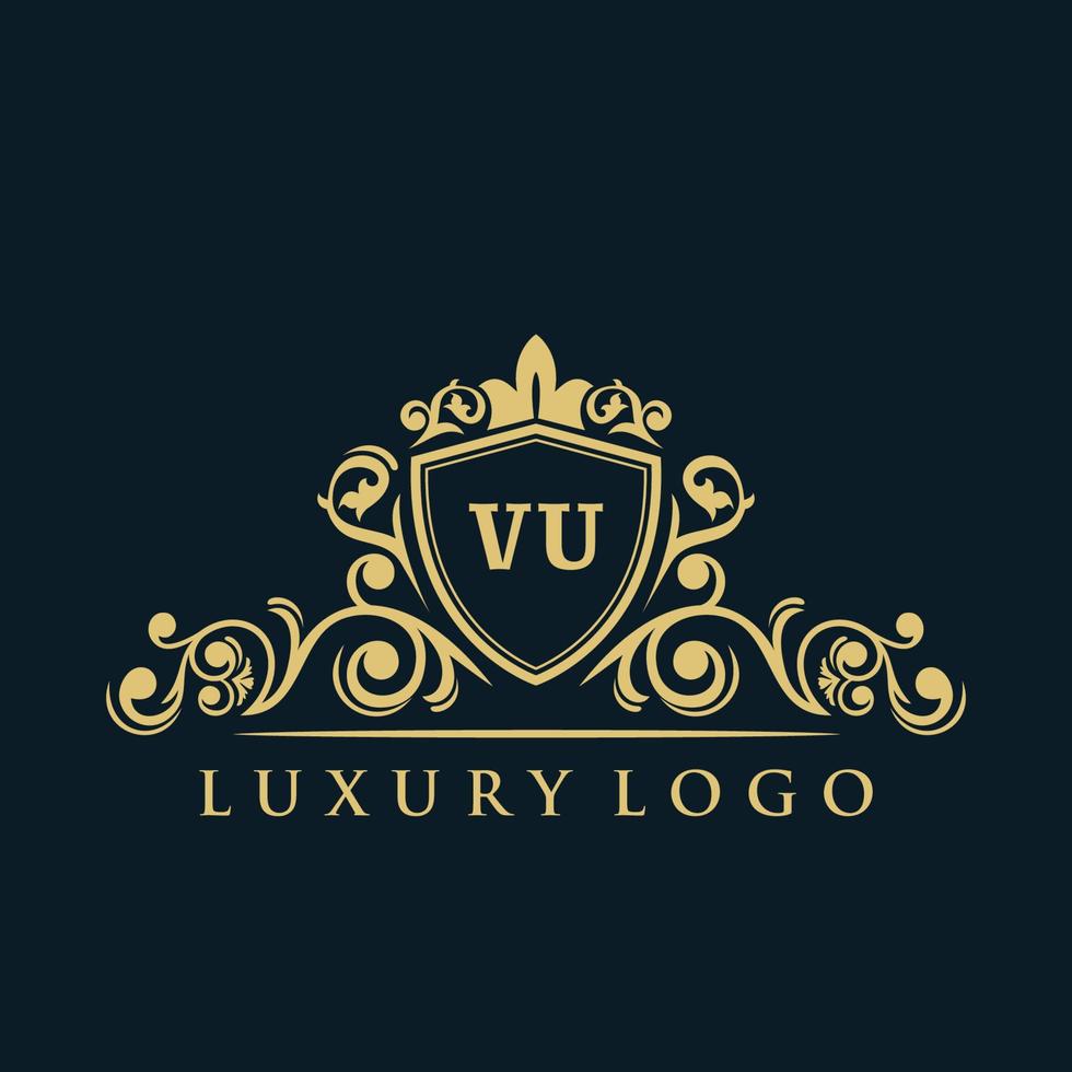 logotipo da letra vu com escudo de ouro de luxo. modelo de vetor de logotipo de elegância.