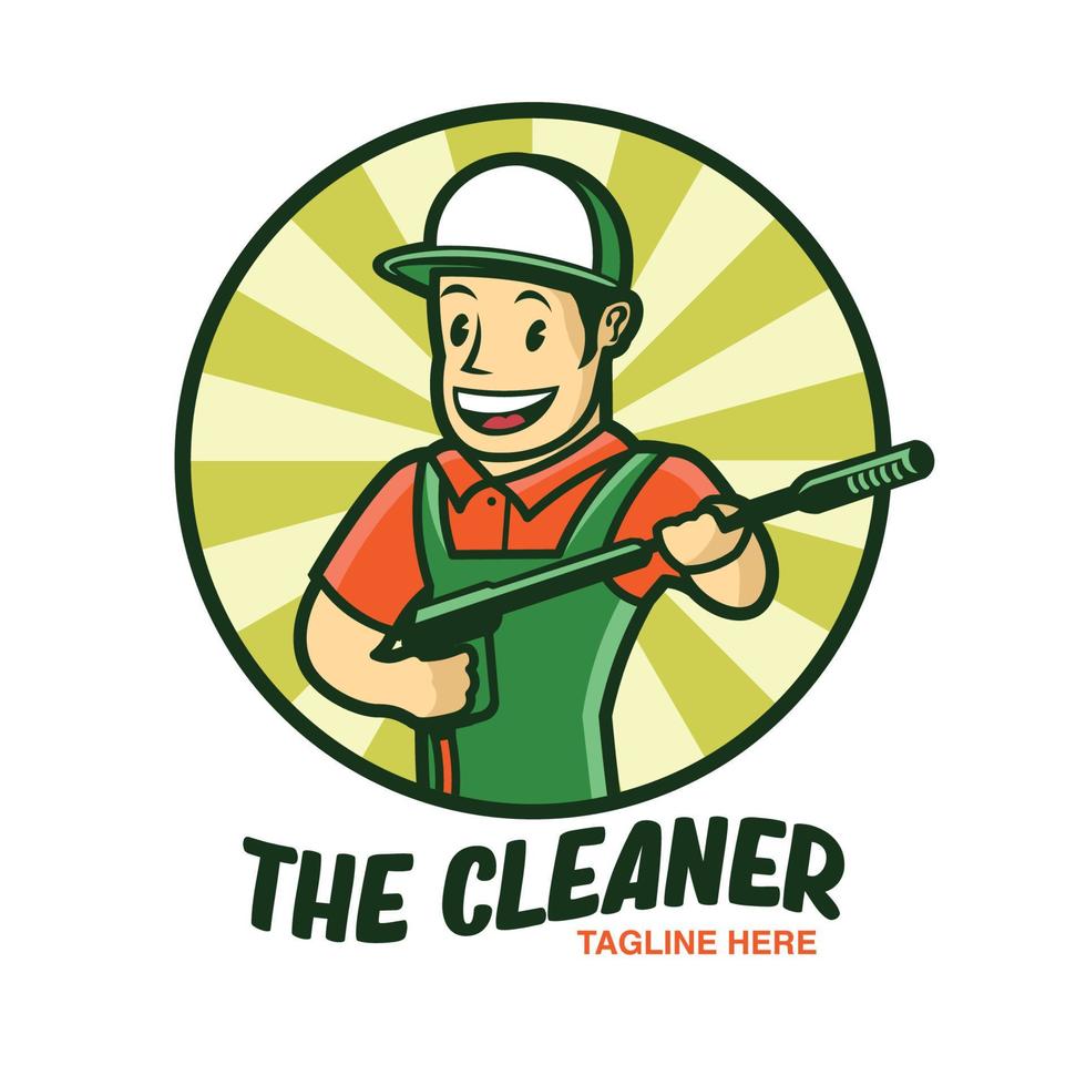personagem mascote homem sorridente com pressão de pistola de lavagem em estilo retrô, bom para limpar o logotipo da empresa de serviço vetor