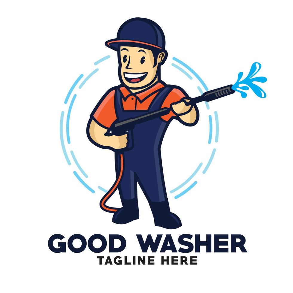 personagem mascote homem sorridente com pistola de lavagem em estilo retrô, bom para limpar o logotipo da empresa de serviços vetor