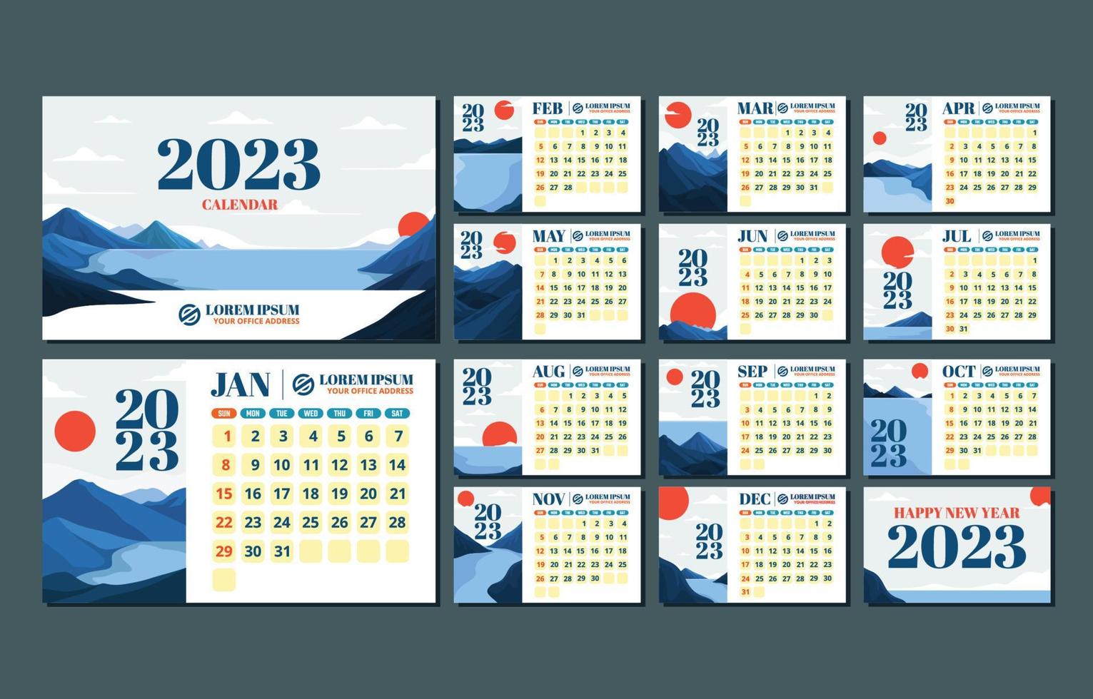 conjunto de calendário 2023 com cenário paisagístico vetor