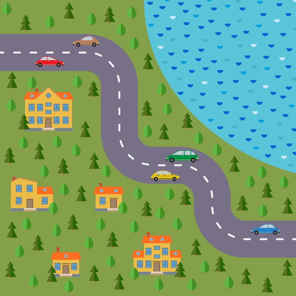 plano de aldeia. paisagem com a estrada, floresta, lago, carros e casas. ilustração vetorial vetor