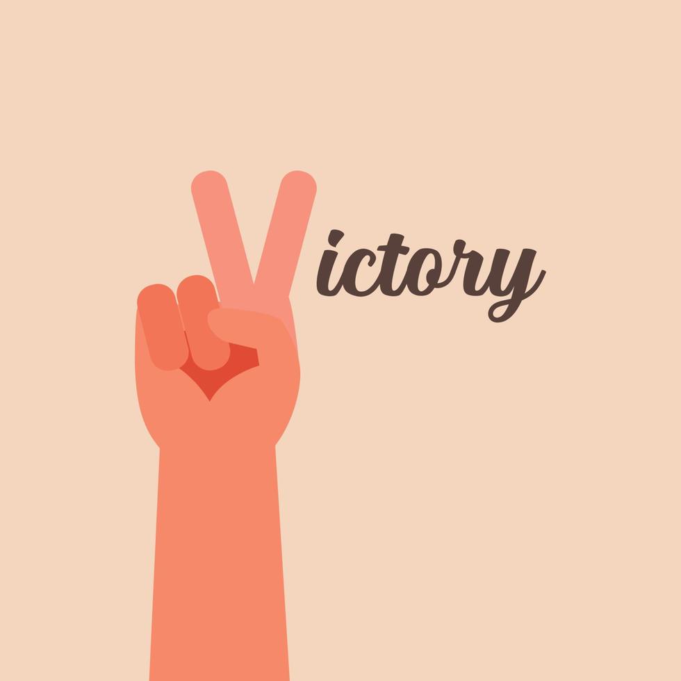 sinal de mão de vitória com tipografia de palavra de vitória vetor