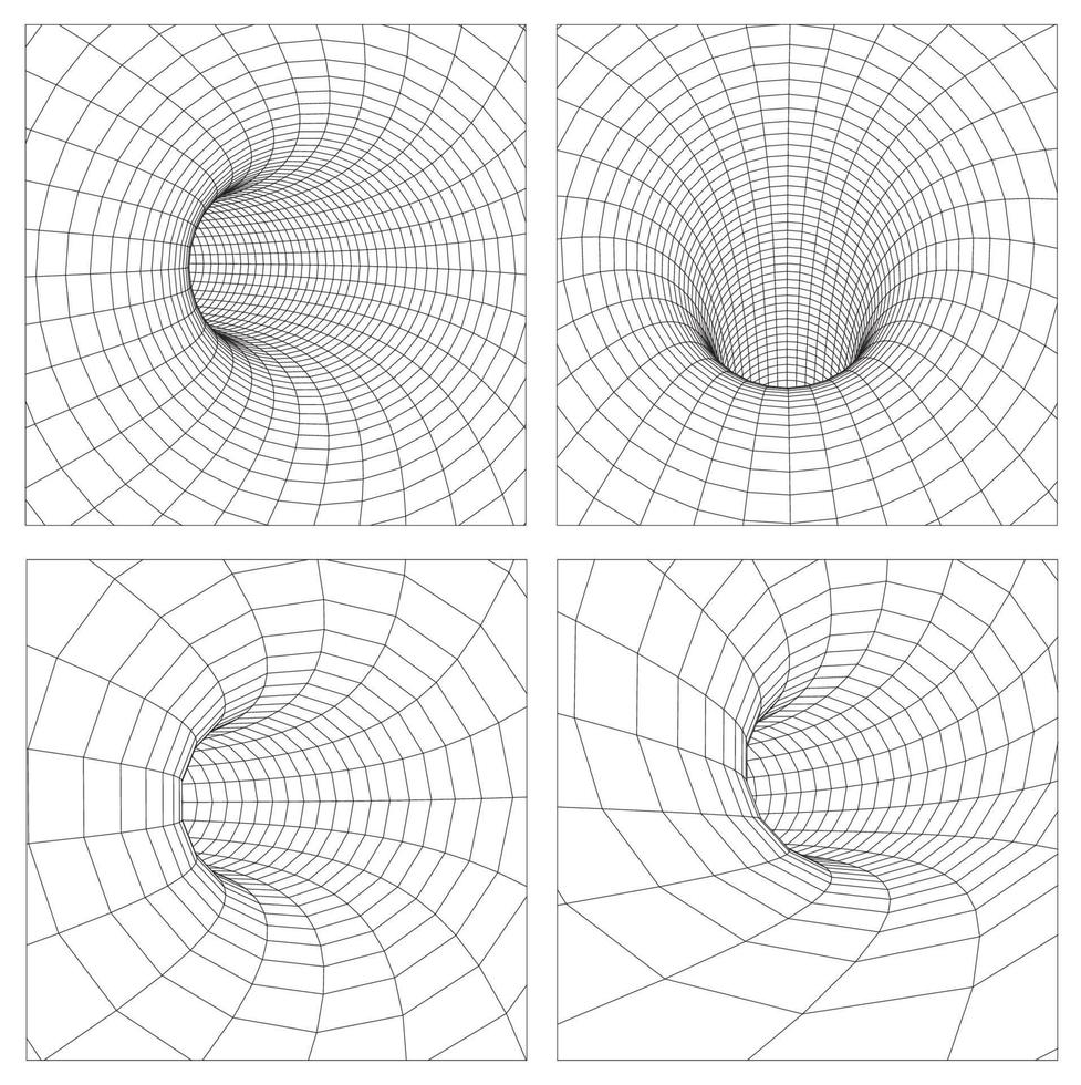 Quântica de gravidade 3D, ilustração vetorial de buraco de minhoca. ilustração 3d do conceito abstrato do vórtice do buraco negro da singularidade. túnel de wireframe do buraco de minhoca da grade. eps 10. vetor