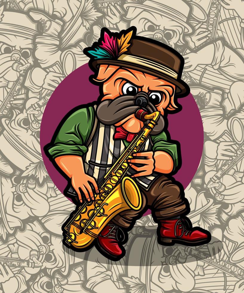 cachorro pug fofo tocando a ilustração de saxofone vetor