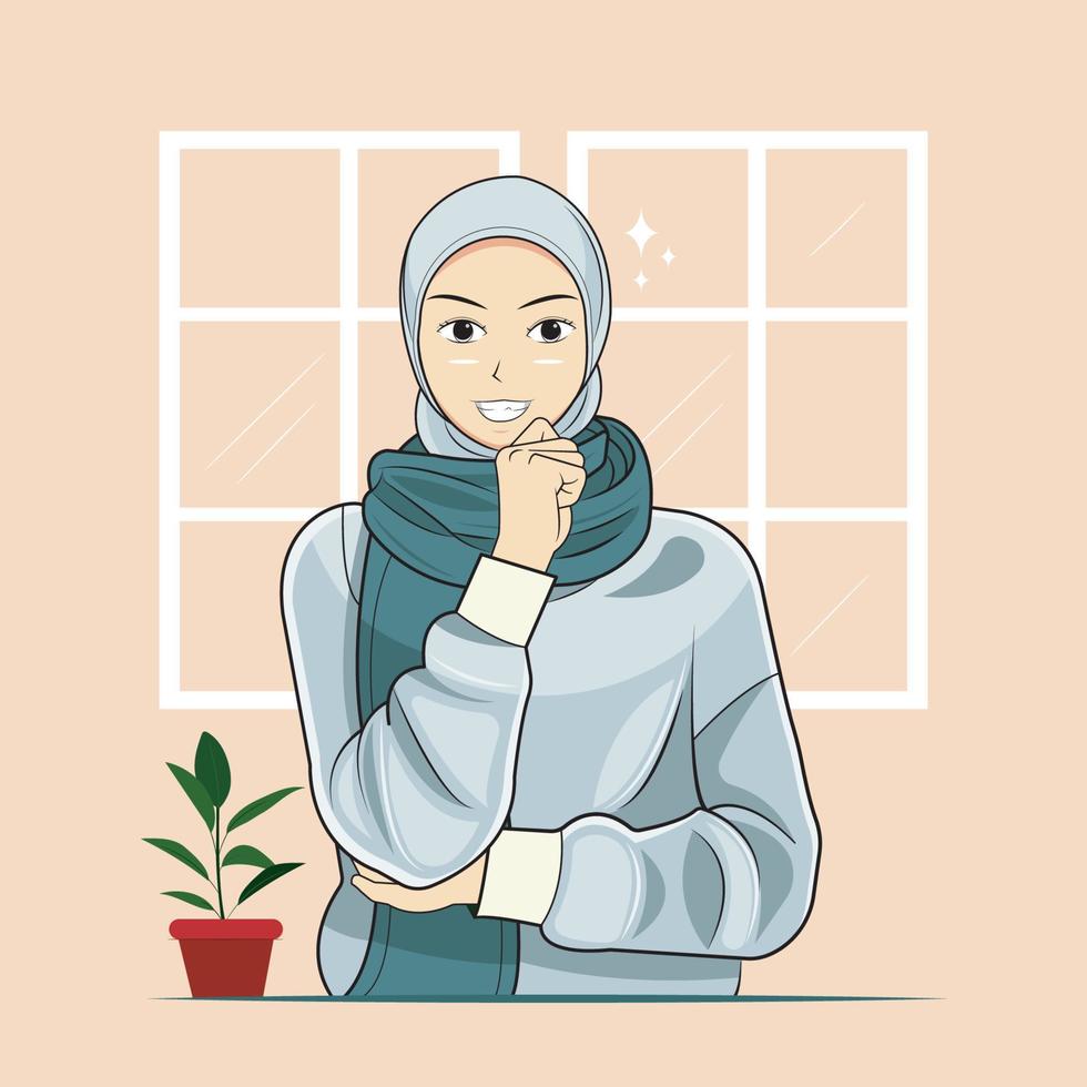 feliz jovem hijab vestindo suéter está pensando em uma ideia genial ilustração vetorial download profissional vetor